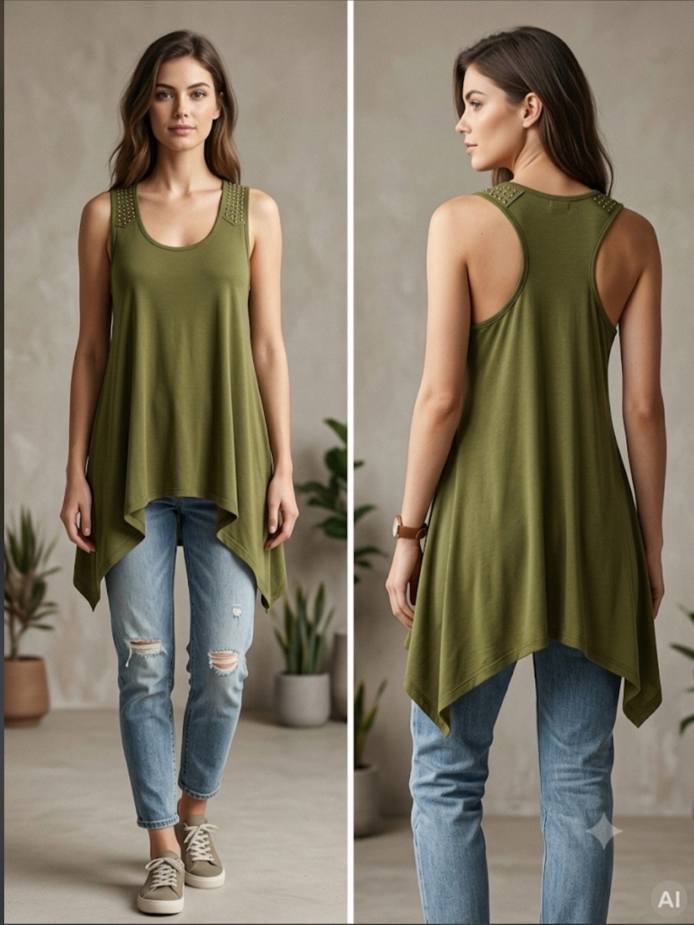 Rachael & Chloe Olive Green Studded Racerback Scoop Neck Handkerchief Hem Tank S